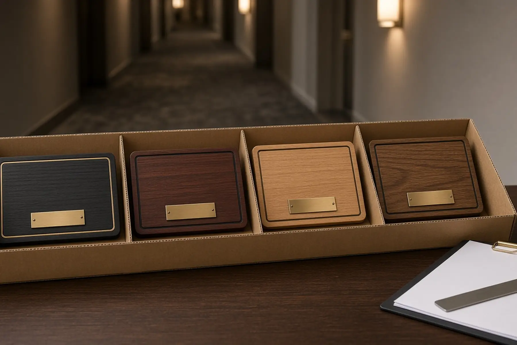 Coordinated order concept: matching Custom Door & Wayfinding Sign pieces grouped and separated for packing