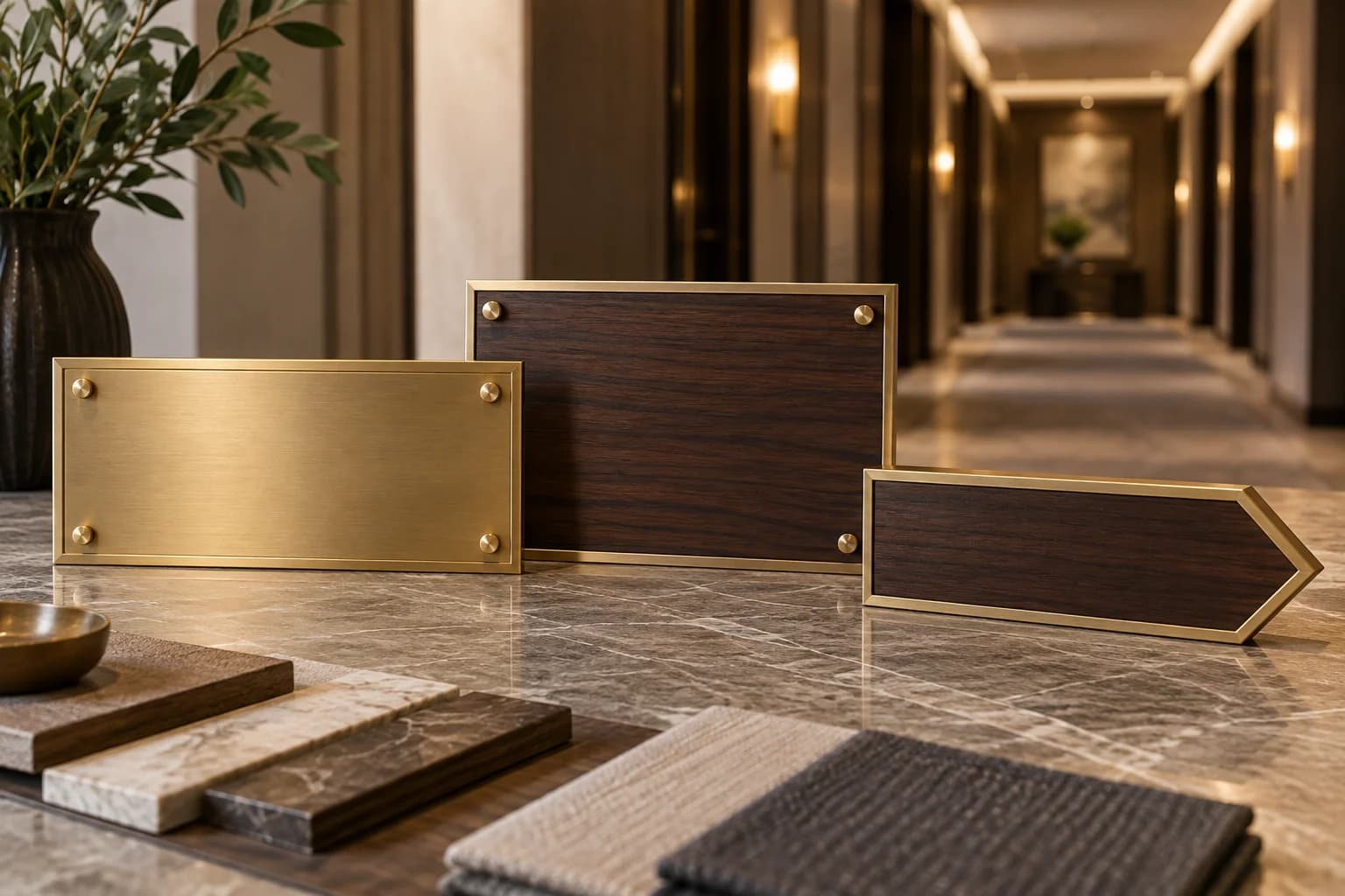 Blank room plaque and wayfinding panel with hotel material swatches