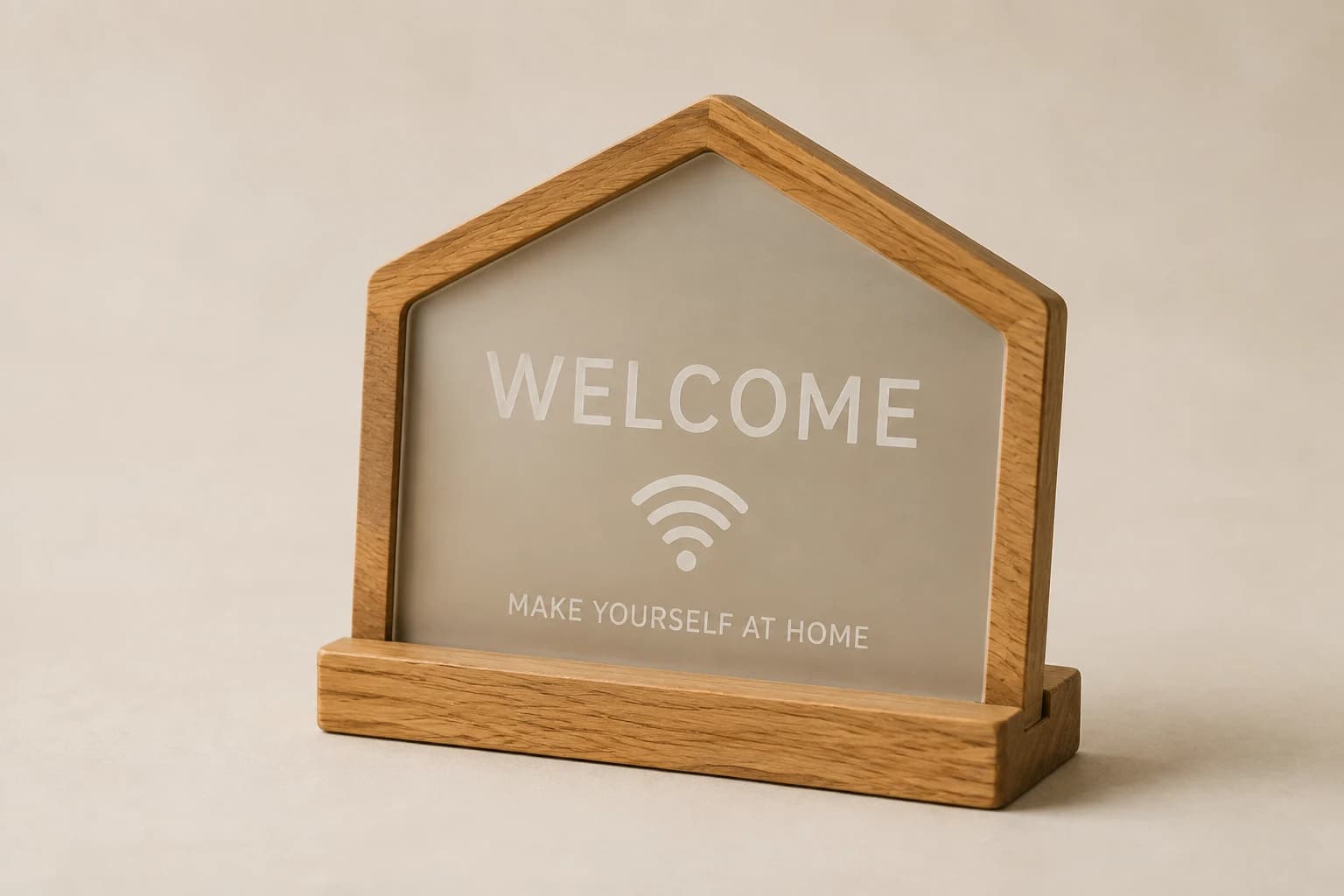 Oak vacation-rental plaque with a welcome panel and WiFi icon.