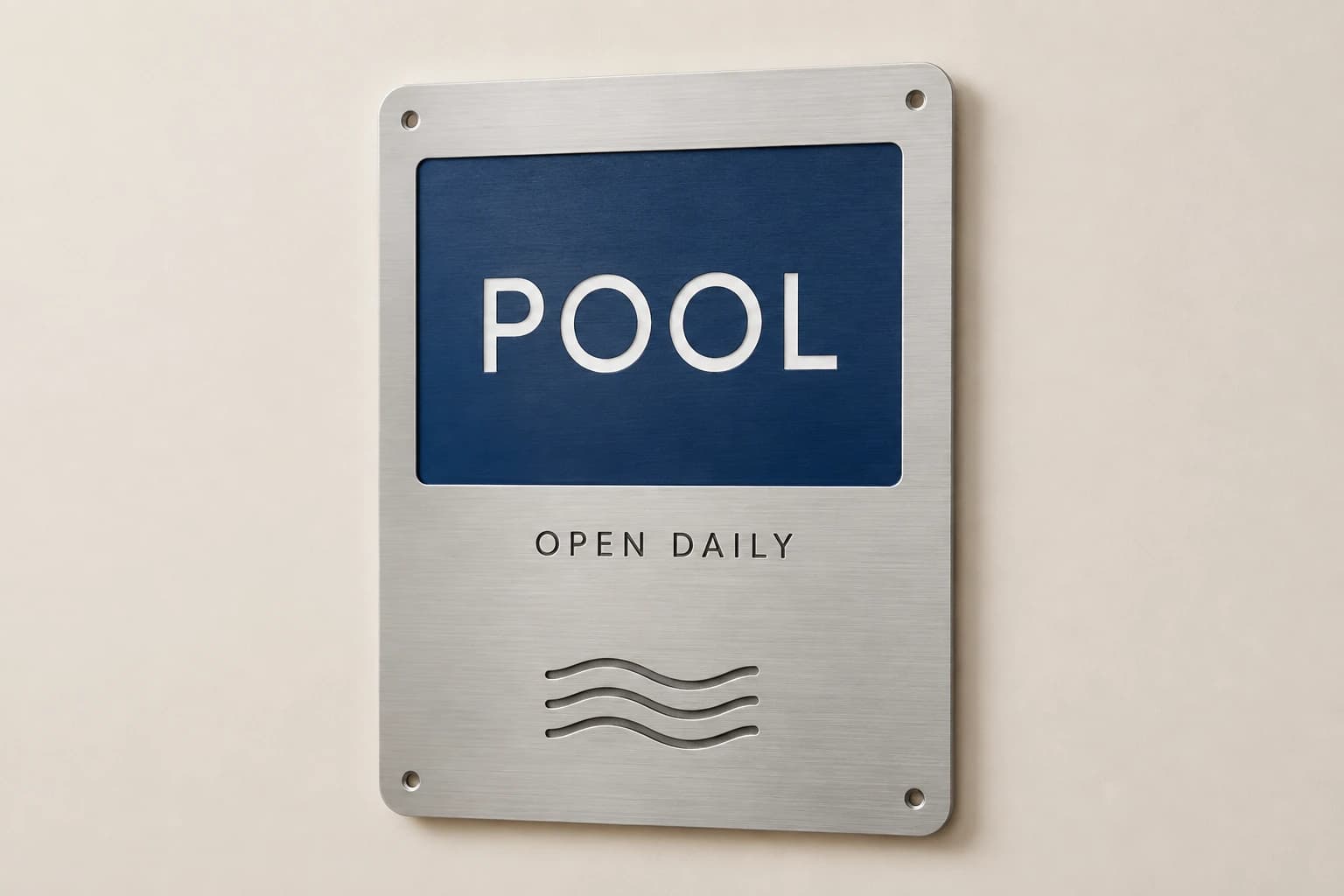 Aluminum pool amenity sign with blue header and wave detail.