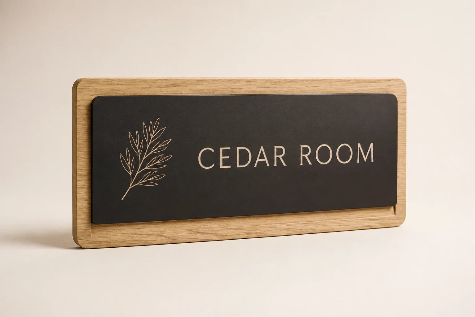 Oak and charcoal acrylic meeting room plaque engraved CEDAR ROOM.