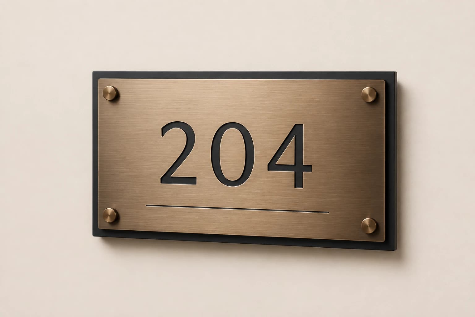 Satin bronze room 204 plaque on a charcoal backing.