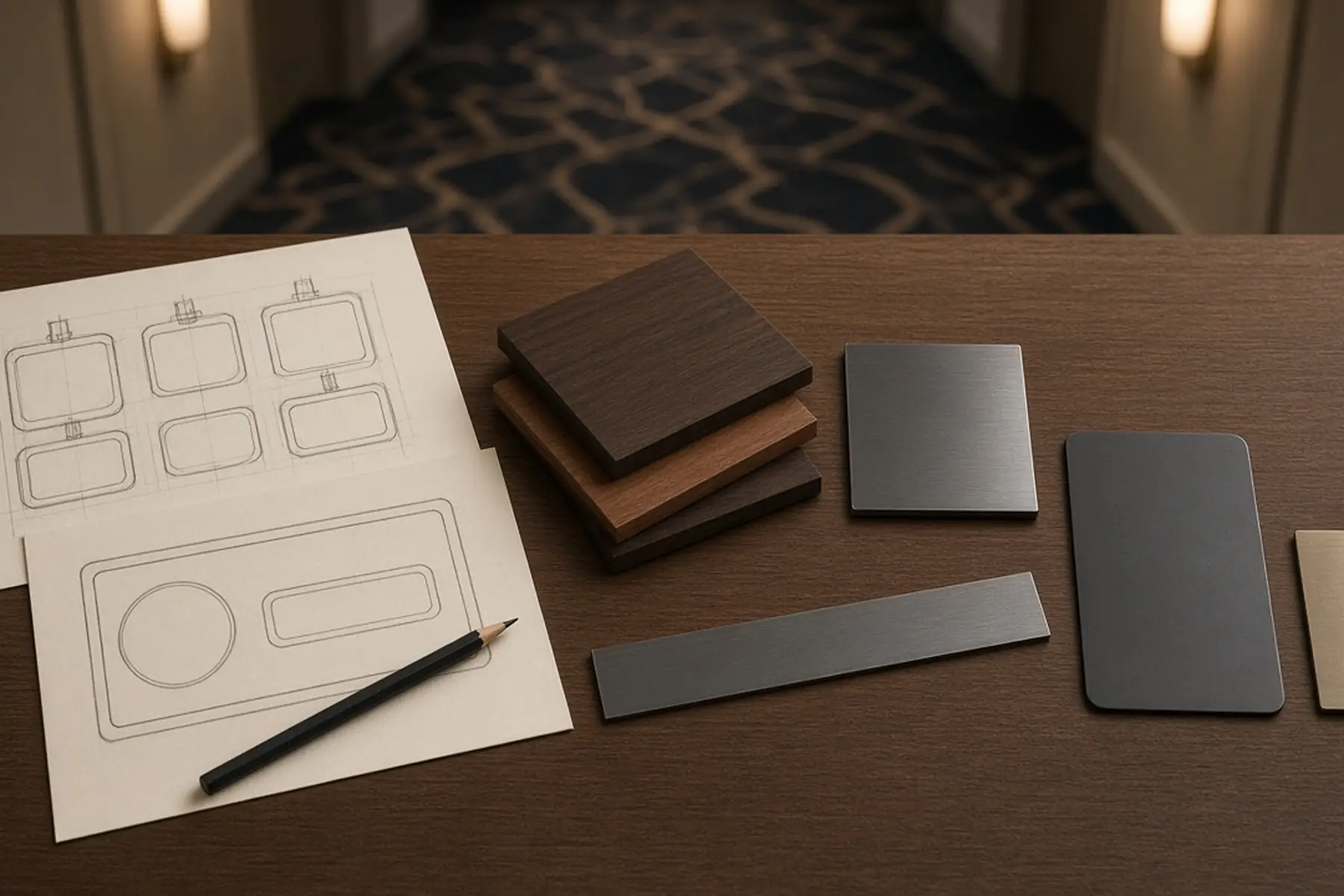 Design planning concept for a Hotel Room Number Signs: sketches, material swatches and a blank sample shape