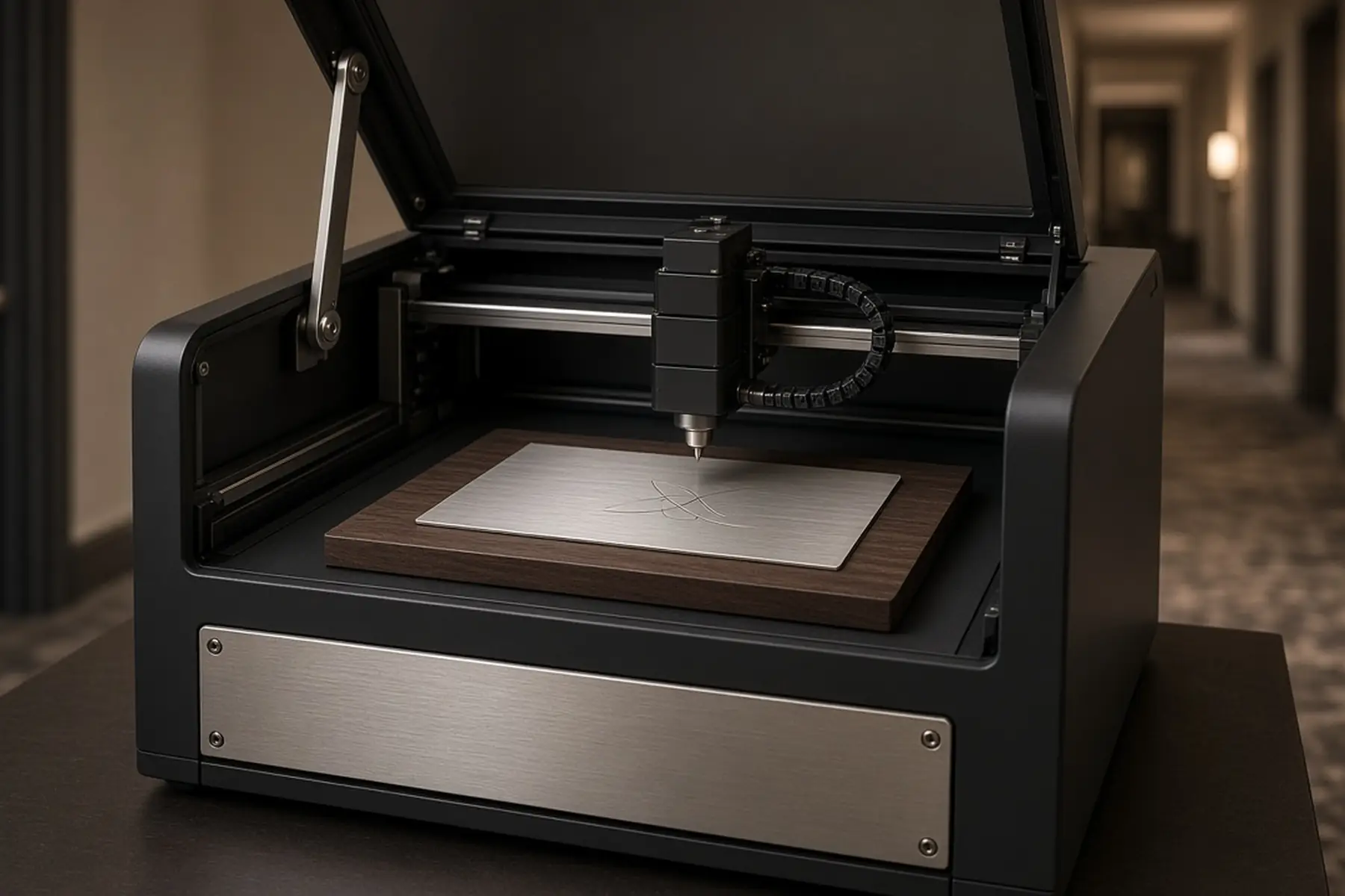 Engraving concept: a blank plate for a Hotel Room Number Signs inside an enclosed marking machine