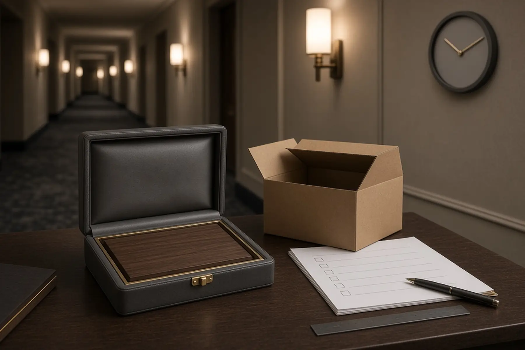 Rush planning concept: a Hotel Room Number Plaque, carton and checklist arranged around an arrival date
